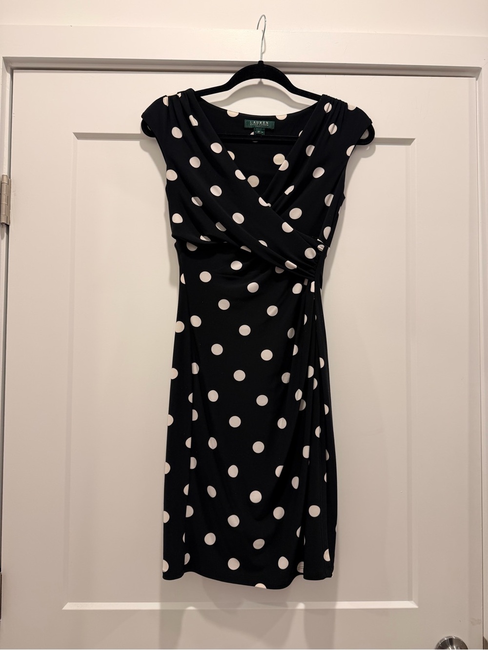 Lauren Ralph Lauren Black with White Polka Dot Faux-Wrap Midi Dress